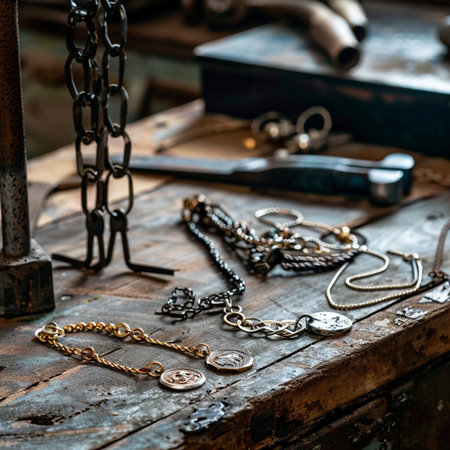Old antique gold jewelry on the table in the workshop of the jewelerの素材