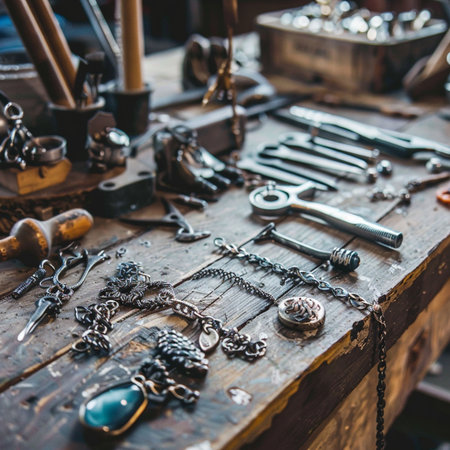 Jewelry tools on the table in the workshop of the masterの素材