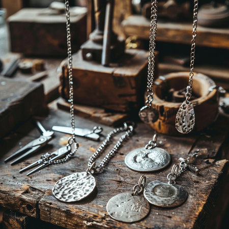 Close-up of antique silver pendants on a wooden table.の素材