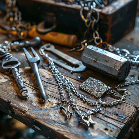 Medieval tools on a wooden background. Antique jewellery.の素材