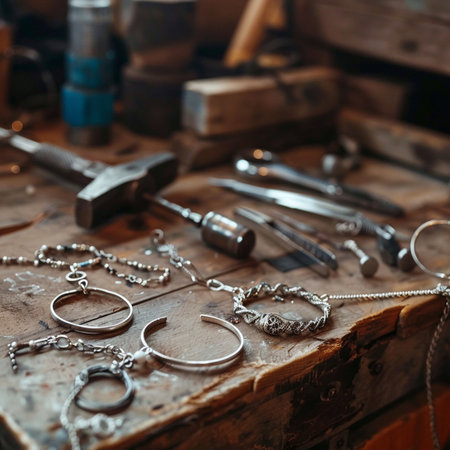 Jewelry tools on the workbench in the workshop. Selective focus.の素材