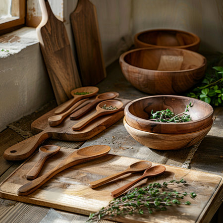 Wooden kitchen utensils and herbs on rustic wooden backgroundの素材