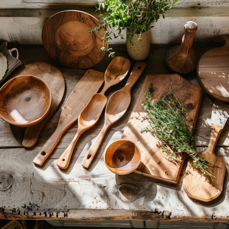 Wooden kitchen utensils and herbs on rustic wooden tableの素材