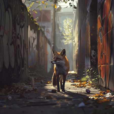 Red fox on the street of the old city. Sunset light.の素材