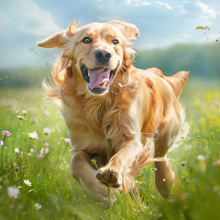 Golden Retriever running in the meadow on a sunny dayの素材