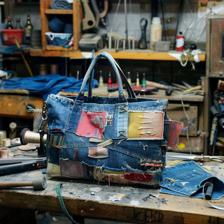 Leather handbag on a workbench in a leather workshop.の素材