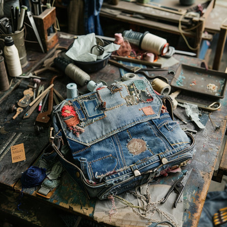 Fashionable jeans bag on the workbench in the tailor shopの素材
