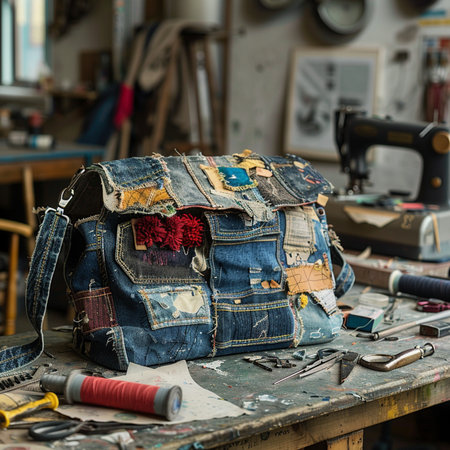 Close up of a denim backpack on a table in a leather workshopの素材