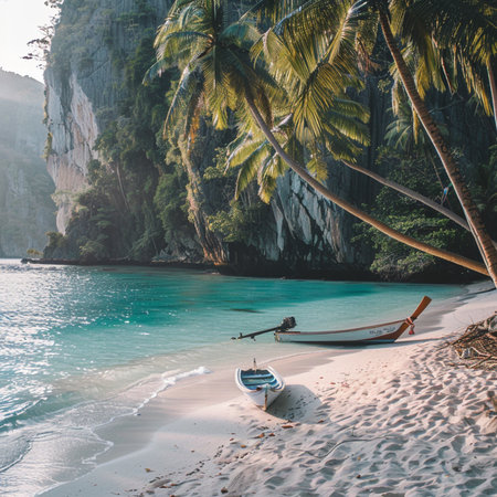 Tropical beach with boats and palm trees, Phi Phi island, Thailandの素材