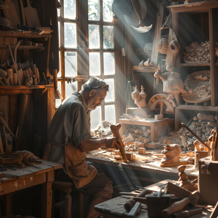 Old craftsman working in his workshop with a lot of tools.の素材