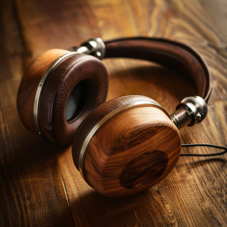 headphones on a wooden background, close-up, selective focusの素材