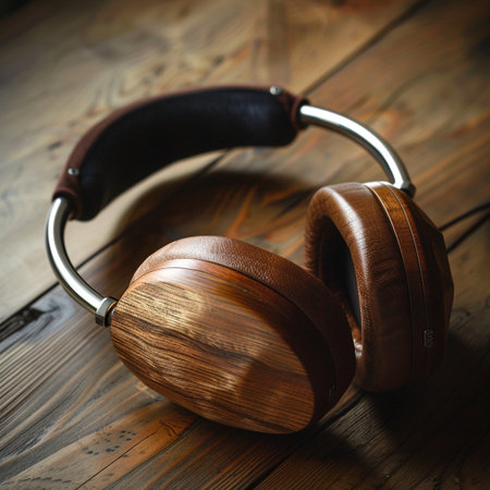 Headphones on a wooden background. Close-up. Selective focus.の素材