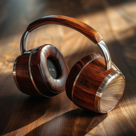 Headphones on a wooden table, close-up. 3d renderingの素材