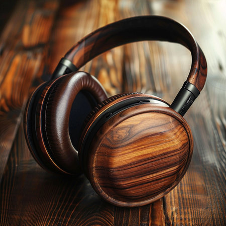 Headphones on a wooden background. Music concept. Close up.の素材
