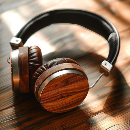 Headphones on a wooden background. Music concept. Close up.の素材