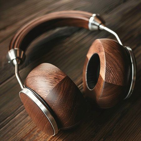 Stylish headphones on wooden background, closeup. Music concept.の素材