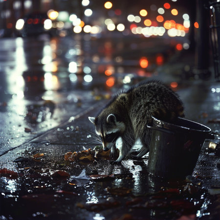 Raccoon drinking water from a bucket in the rain at nightの素材