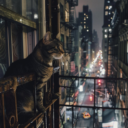 Cat on a balcony in New York City at night, USA.の素材