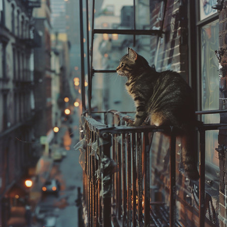 A cat sitting on the balcony of an old building in New York.の素材