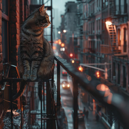 Cat sitting on the railing of a bridge in New York City.の素材