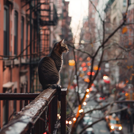 Cat on the balcony in New York City. Beautiful street view.の素材