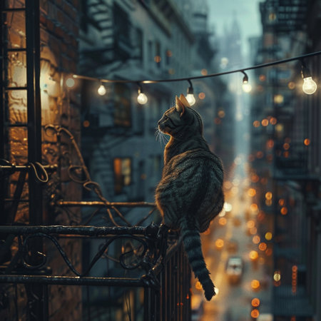 Cute cat on a balcony in New York City at night.の素材