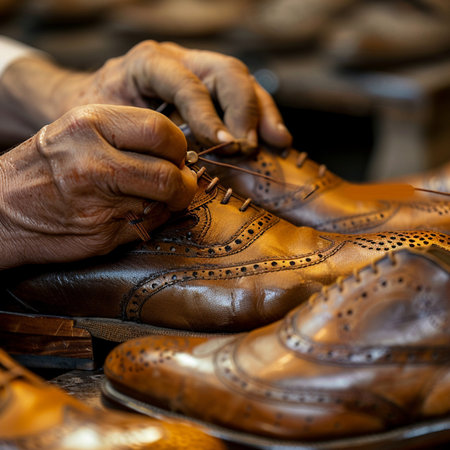 Male shoemaker working in a shoe shop. Shallow depth of field.の素材