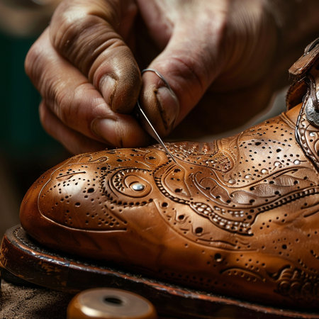 Close-up of the hands of a shoemaker working in his workshopの素材