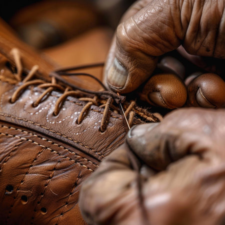 Close-up view of the hands of a shoemaker working on a shoeの素材