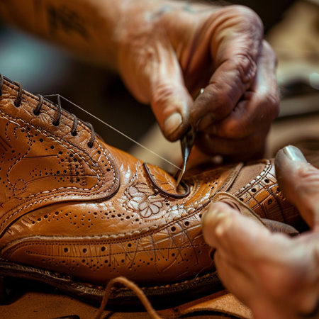 Detail of the work of a shoemaker in a shoe shopの素材