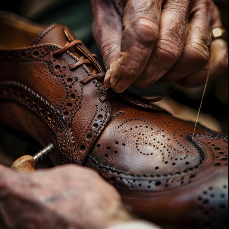 Close up of a shoemaker's hands working in his workshop.の素材