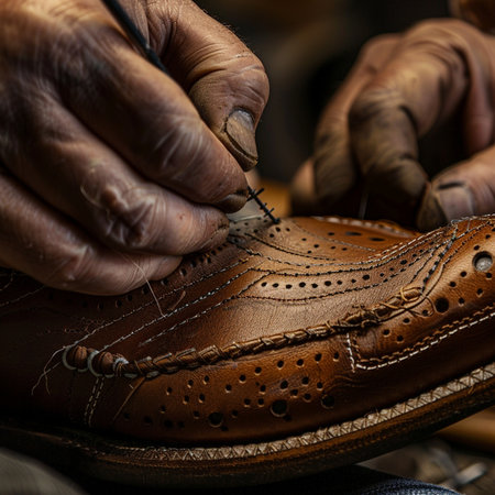 Close up of a craftsman's hands working on a leather shoeの素材