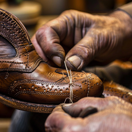 Closeup of a shoemaker working on a pair of leather shoesの素材