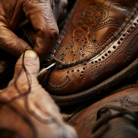 Detail of a shoemaker working on a pair of leather shoesの素材