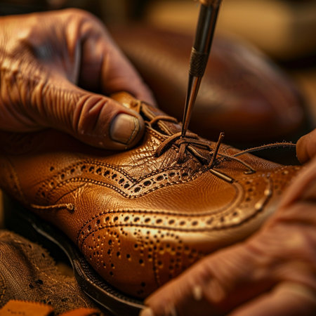 Leather craftman working in a shoe shop, close-upの素材