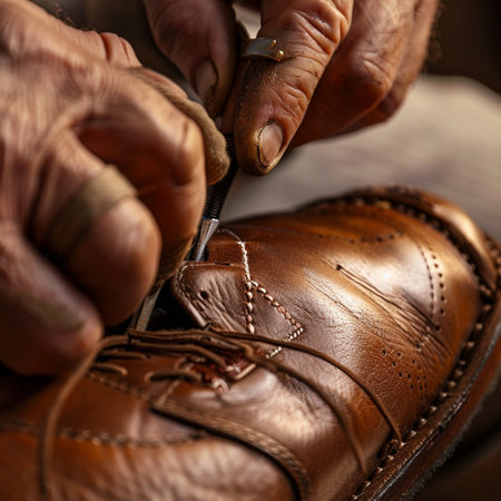 Closeup of a cobbler repairing a brown leather shoe.の素材