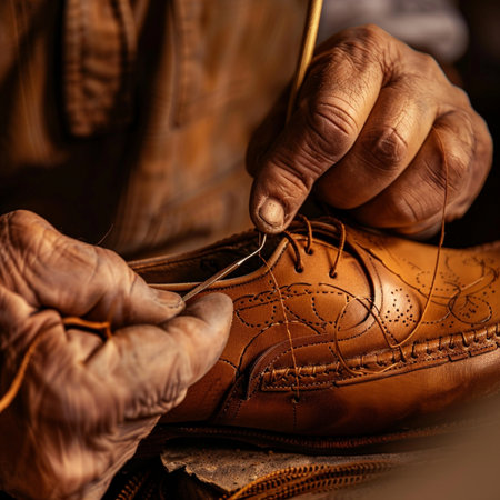 Close up of a shoemaker hands working on a brown leather shoeの素材