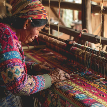 Old woman weaving a traditional carpet in Bagan, Myanmar (Burma)の素材