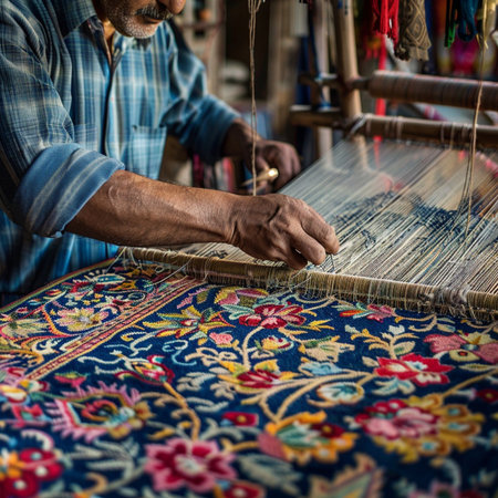 Old hand weaving silk thread on a traditional loom in India.の素材