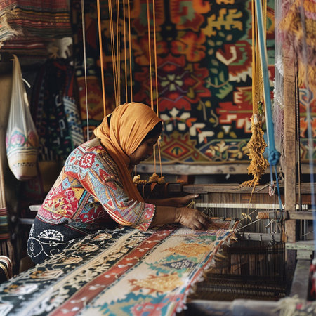 Old woman weaving a carpet in a loom in the bazaarの素材