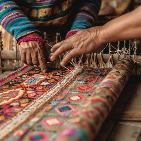 Close up of female hands weaving a traditional handmade carpet. Handicraftの素材