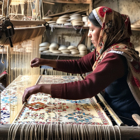 The old woman weaves a carpet in the old loom.の素材