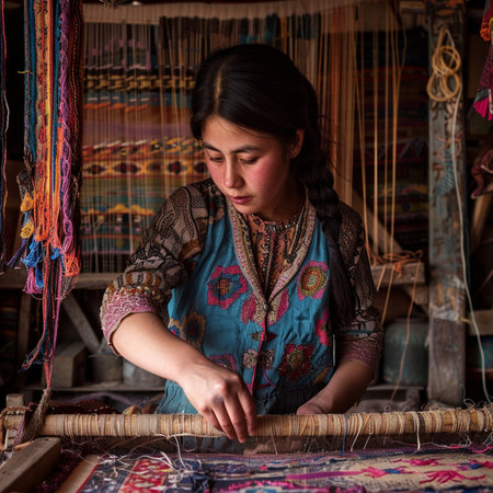 Close-up of a woman weaving a cloth in a traditional wayの素材