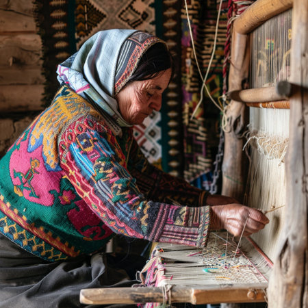 Old woman weaves a carpet with a loom in the villageの素材