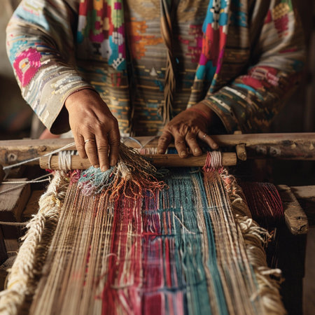 Old woman weaving traditional loom in Chiang Mai, Thailand.の素材