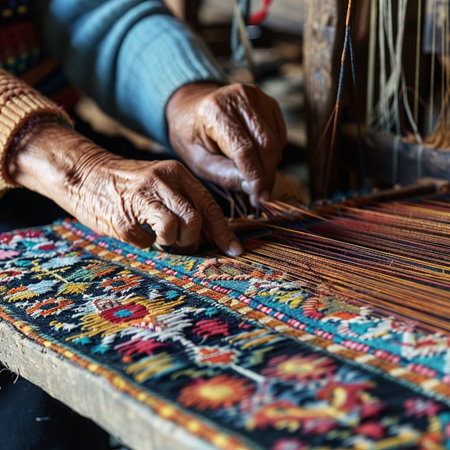 Hand of an old woman weaving a silk thread on a loomの素材