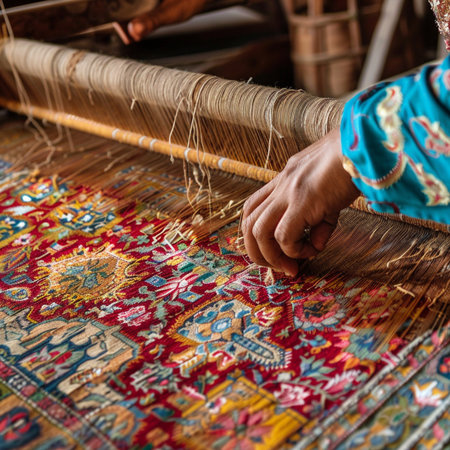 Close up of a hand weaving a carpet in a traditional way.の素材