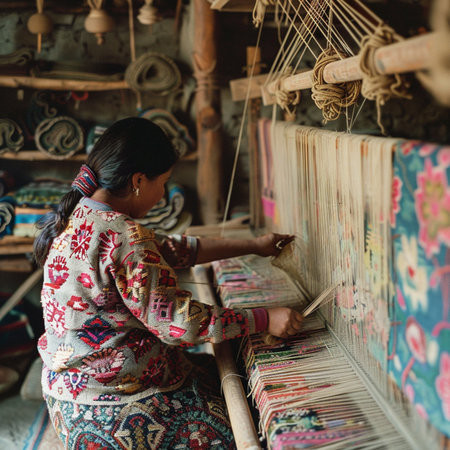 Unidentified woman weaves a traditional silk loom.の素材