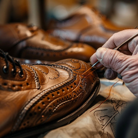 Closeup of a shoemaker working on a pair of brown leather shoesの素材
