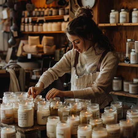 Beautiful young brunette woman in apron and apron is decorating candles in the workshop.の素材